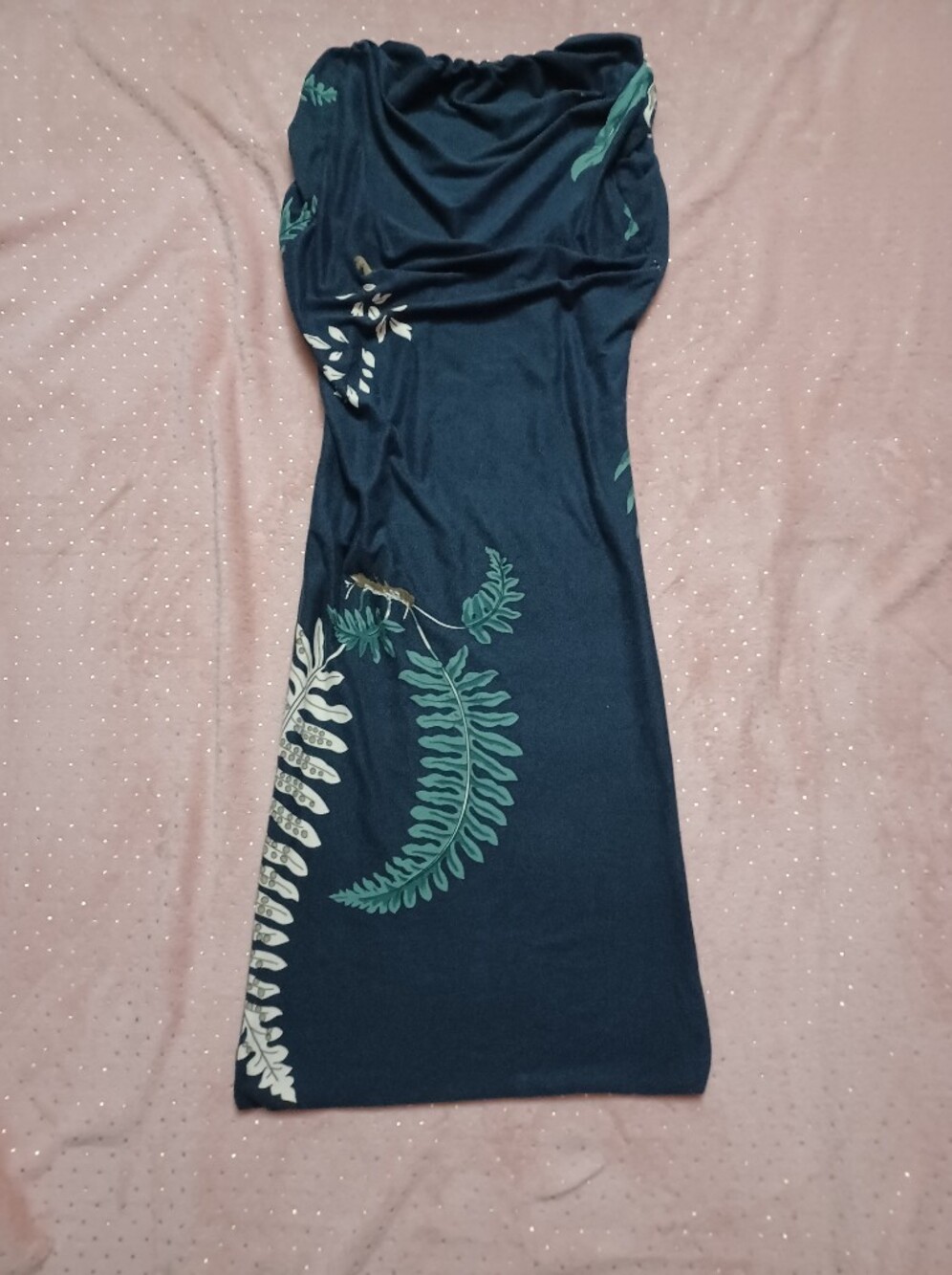 Navy Blue Strapless Tropical Print Midi Dress